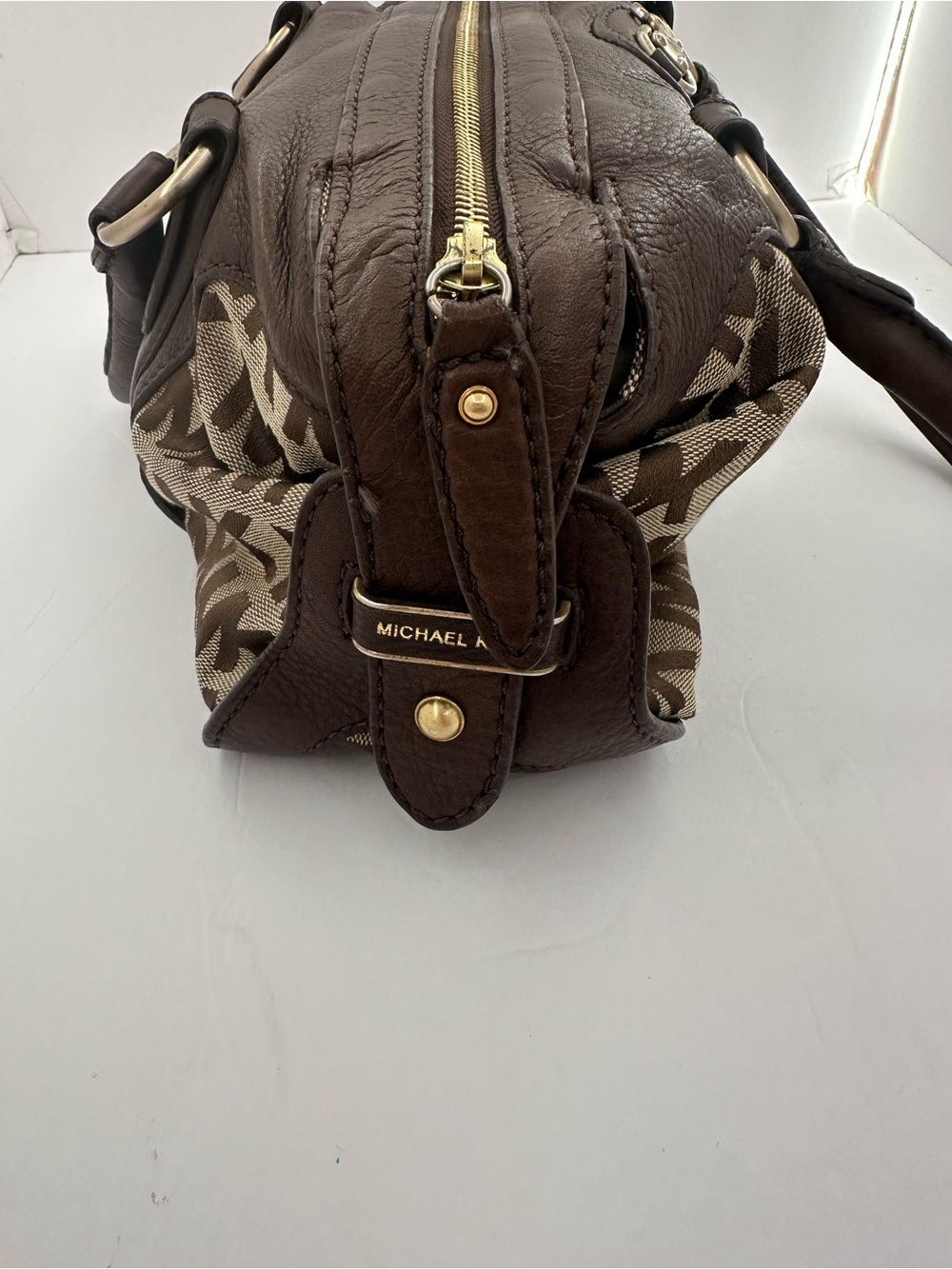 Vintage Michael Kors Brown MK Monogram Leather Satchel Bag Y2K Shoulder Purse - Picture 6 of 11